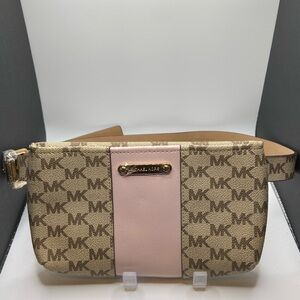 Michael Kors Tan Logo Belt Bag with Pink Center Panel